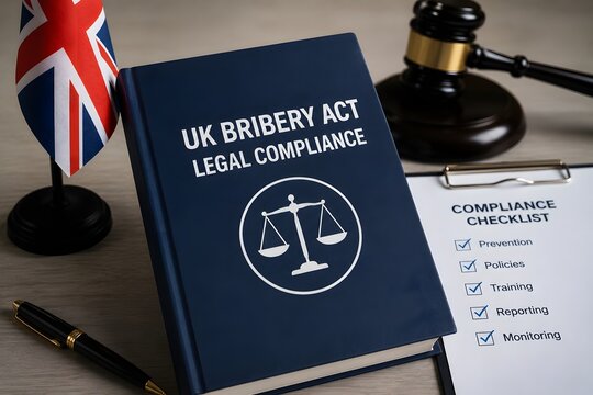 A book titled 'UK Bribery Act Legal Compliance' with a gavel and compliance checklist for the concept of law and justice.