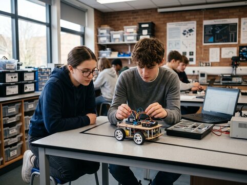 STEM Education in Action: Two students collaborate on a robotic car project in a modern science lab, surrounded by electronic components and educational displays, fostering innovation and learning.