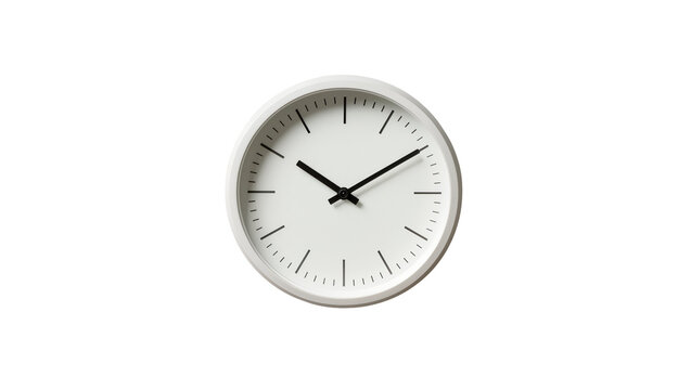 Minimalist white wall clock with black hands and markers, isolated on transparent background