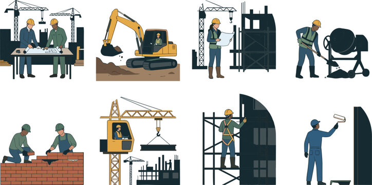 Collection of flat vector illustrations depicting various construction site workers, including engineers, bricklayers, painters, and heavy machinery operators building modern architectural projects.