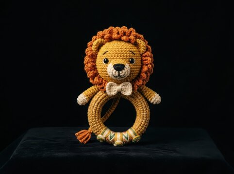 Crocheted lion teether toy with bow