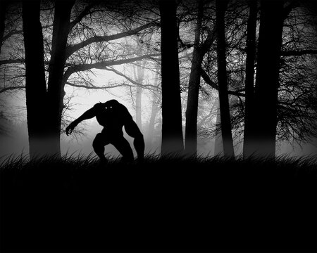 Digital illustration of a Dogman or Bigfoot Cryptid in silhouette in a foggy forest