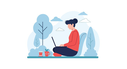 Obraz premium A woman sits comfortably outdoors, working on her laptop surrounded by stylized light blue trees and clouds while enjoying drinks nearby.