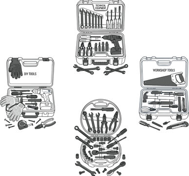 Collection of four open toolboxes with various hand tools, power drills, wrenches, and screwdrivers for workshop repair, isolated on white background, vector.