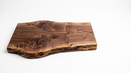 Fototapeta premium Walnut wood serving board on white background. Rustic live edge cutting board for food.