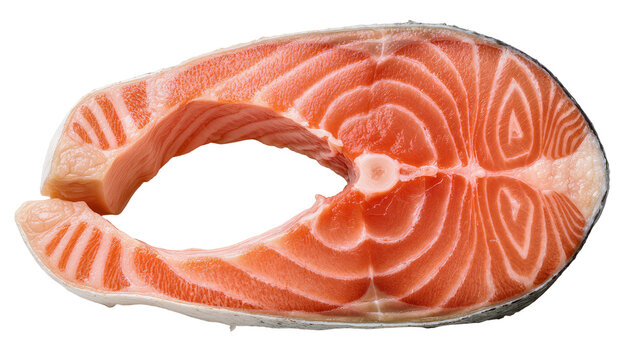 Fresh raw salmon steak with visible fat marbling, isolated on transparent background