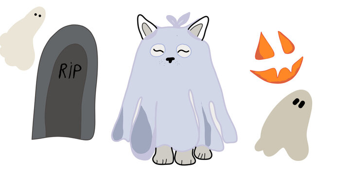 Cute Halloween doodle vector set with ghost cat, tombstone, and Jack-o'-lantern face elements isolated on transparent or white background, png