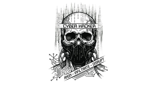 Cyber Hacker Skull Mask Illustration with Matrix Digital Rain, Green Binary Code, Tech Circuitry Lines, and Anonymous Infiltrate Disrupt Slogan on White Background Graphic.