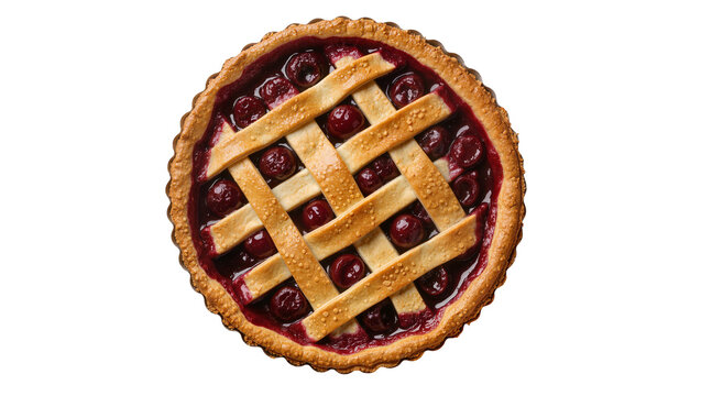 Golden brown lattice cherry pie with flaky crust, isolated on transparent background