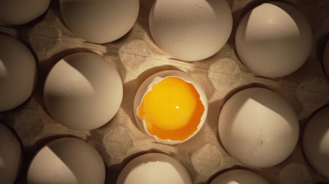 Close-up of raw chicken organic eggs in egg cardboard box. One egg cracked showing the yolk.