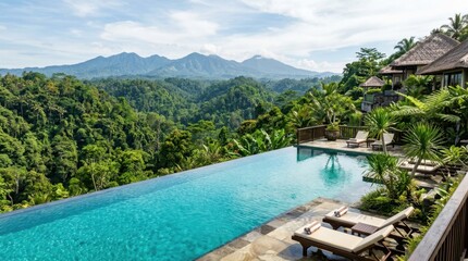 Fototapeta premium Luxury infinity pool overlooking lush green jungle and distant mountains