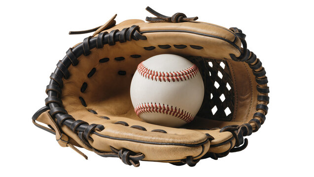 Leather baseball glove cradling a white baseball with red stitching, isolated on transparent background