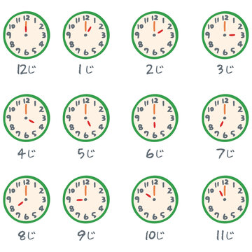 知育・幼稚園向け手描きの時計アイコン＆時間の文字セット｜1時〜12時アナログ時計、スケジュール・タイムテーブルあしらいベクター