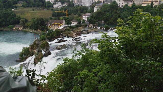 Waterfall water stream fall, Rhine river cascades in Switzerland. Power of Nature.