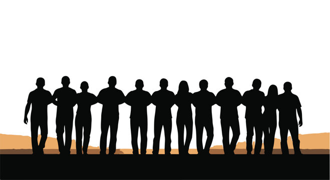 Group of diverse people stands in a row linked by their arms to represent unity and social cooperation.