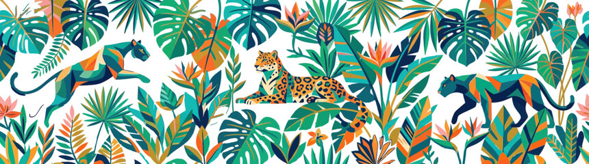 Vibrant Tropical Jungle Pattern with Abstract Big Cats © puan