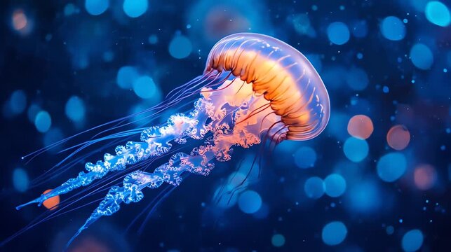 Vibrant jellyfish swimming in deep blue water with artistic bokeh effect
