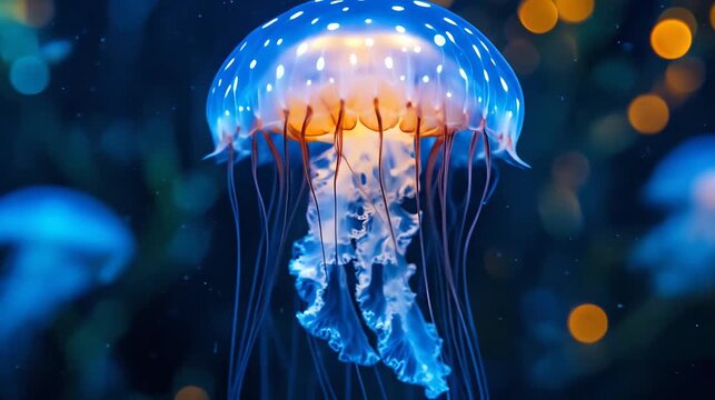 Vibrant jellyfish swimming in deep blue water under ambient lighting