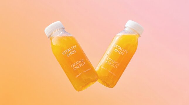 Two bottles of orange juice floating against a soft gradient background.