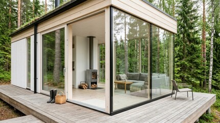 Obraz premium Modern forest cabin with large glass windows and wooden deck in a serene woodland setting