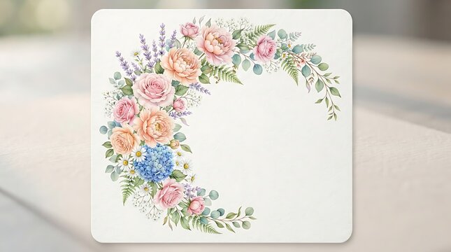 Watercolor floral wreath with roses, peonies, and lavender isolated on white background