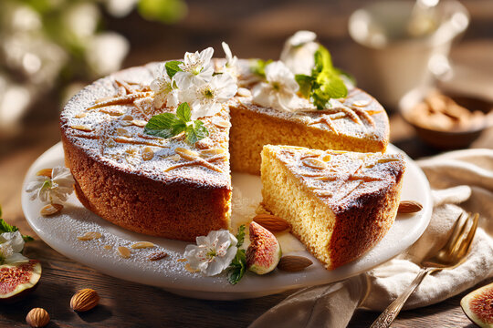 Authentic Spanish almond cake dusted with powdered sugar and sliced almonds