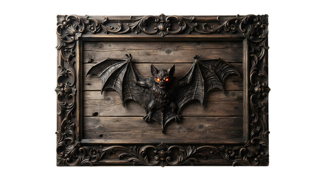 A dark, ornate wooden frame featuring a carved bat with glowing red eyes, isolated on transparent background