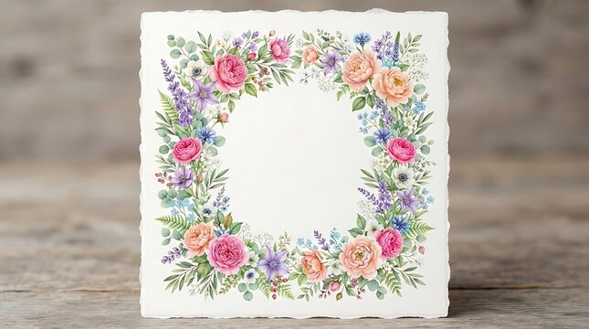Watercolor floral frame with pink and peach roses