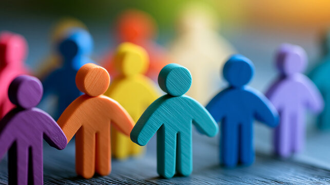 Colorful group of abstract figures arranged together, symbolizing teamwork and community spirit, with copy space