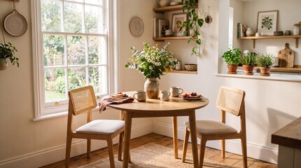 Fototapeta premium Cozy sunlit breakfast nook with wooden furniture and wild flowers