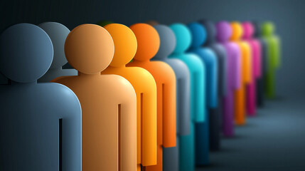 Obraz premium Colorful representation of unity and diversity, an abstract group of figures standing together in a row, with copy space