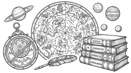 Antique Celestial Map with Zodiac Constellations, Astrolabe, Planets, and Stack of Books, Engraved Illustration Style, Black and White Vector Graphic © teddy saputra
