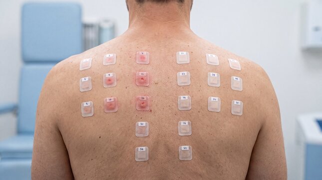 Man undergoing patch test on back in clinical environment