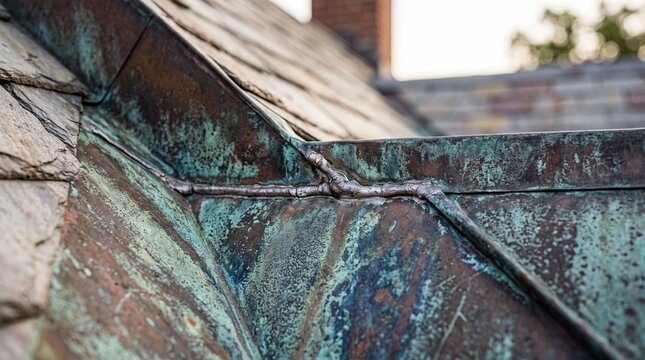 Aged copper roof flashing with green verdigris patina
