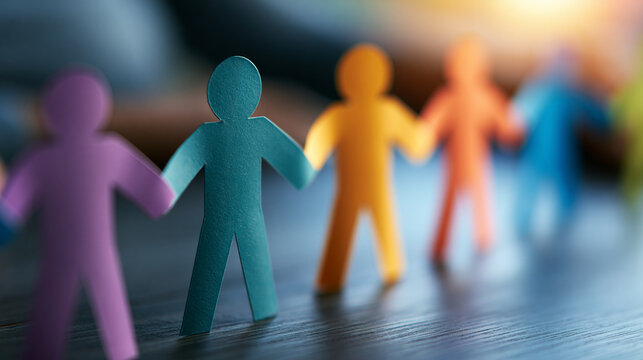 Row of colorful paper person cutouts holding hands, conveying an upbeat and hopeful tone of cooperation and inclusion, with copy space