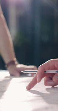 Architecture, planning and hands of people with blueprint for building design, floorplan and renovation. Engineering, teamwork and workers with paperwork, sketch and meeting for remodeling project