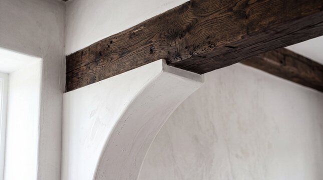 Dark wooden ceiling beam supported by a white arched plaster corbel