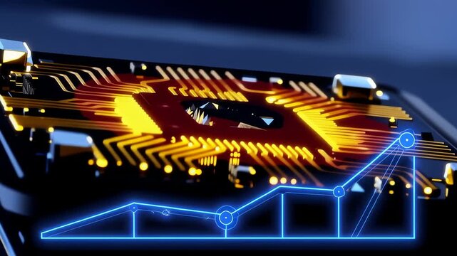 Close-up of a glowing orange and yellow electronic circuit board with a blue digital graph overlay indicating growth