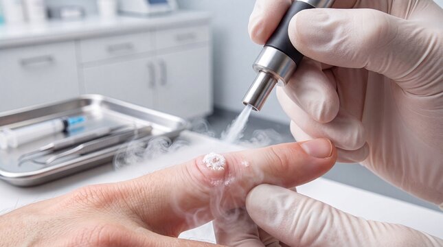 Medical professional performing cryotherapy treatment on wart  
