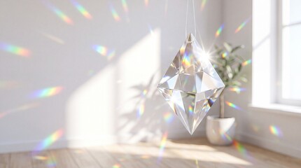 Fototapeta premium Glass prism hanging in bright room creating rainbow reflections 