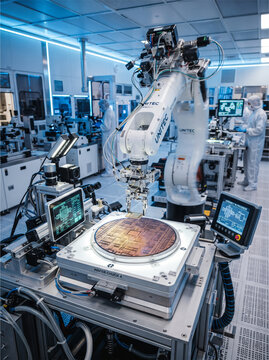 Robotic arm manufacturing silicon wafers. Automated semiconductor production in cleanroom.