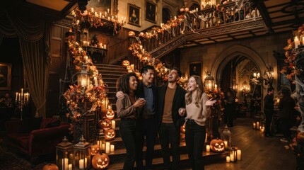 Obraz premium Friends laughing and celebrating Halloween in a grand, spooky decorated mansion