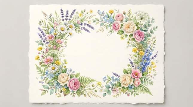 Watercolor floral wreath frame with roses, daisies, and lavender