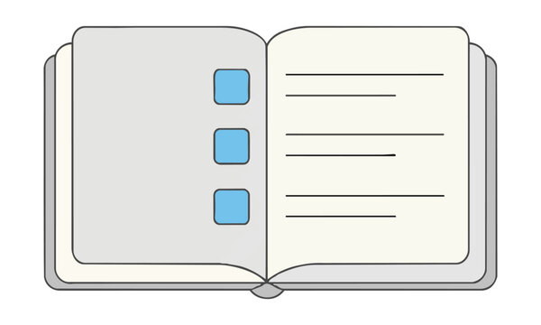 Minimalist monoline drawing of an open notebook with three checkboxes and horizontal lines for task planning and personal organization productivity concept