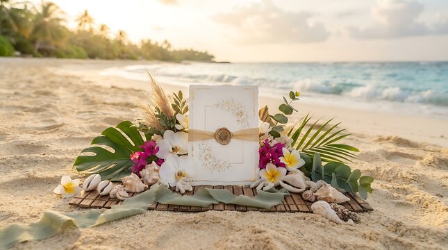 Elegant wedding invitation on tropical beach at sunset