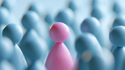 Naklejka premium Unique pink figure standing out in a group of blue figures, symbolizing individuality, leadership and teamwork in pastel minimalist 3D style, with copy space