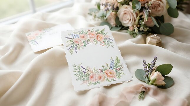 Wedding invitation stationery with floral watercolor accents