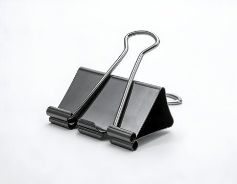 Black metal binder clip isolated on a clean white background studio shot