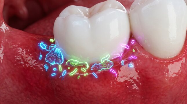 Close up of a human tooth with glowing bacteria and plaque buildup on the gums and enamel surface