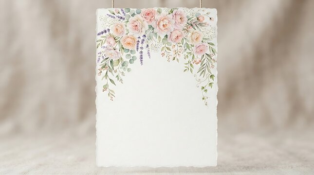 Watercolor floral arch frame with pink roses and lavender